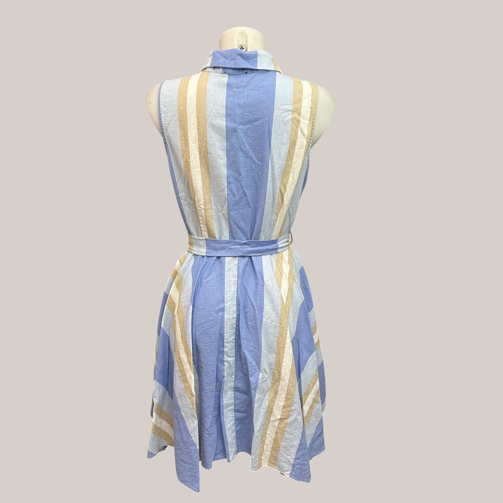 1. State Blue Cream Striped Collared Linen Midi Belted Fit & Flare Dress Size M - Picture 4 of 8